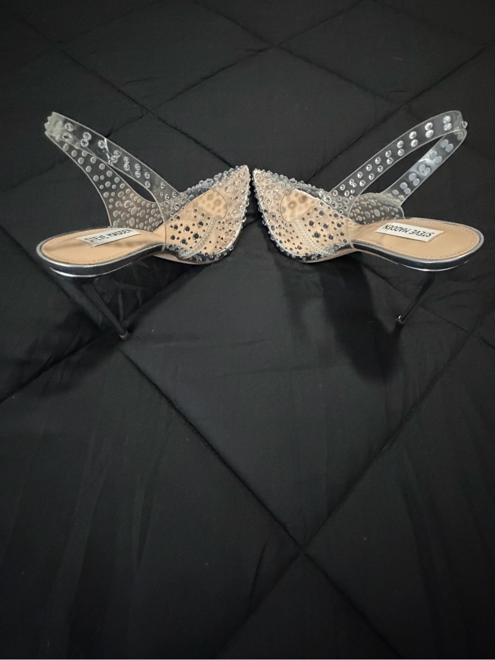 Steve Madden Clear Crystal-Embellished Slingback Heels in Clear/Tan